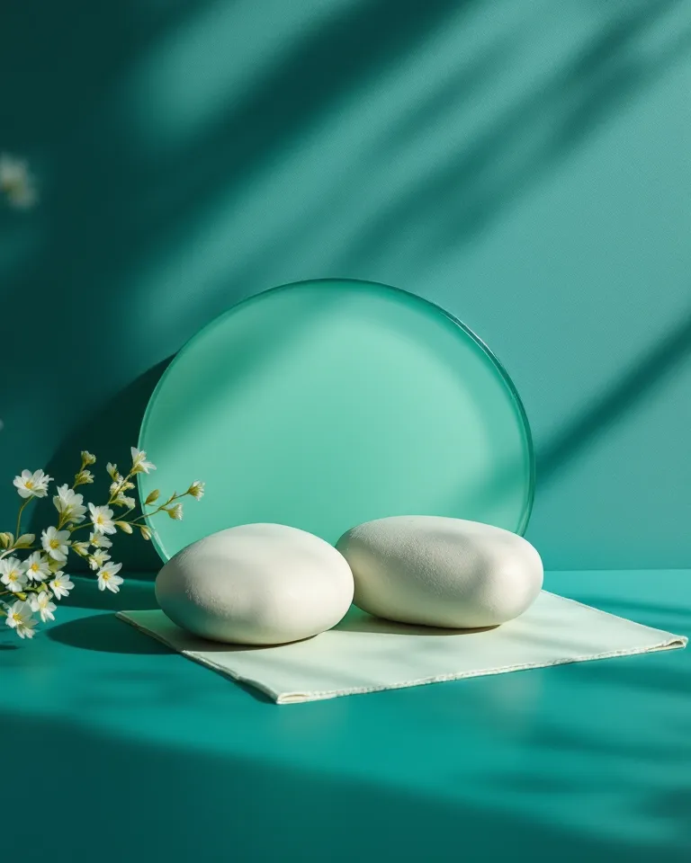 Sea-green glass and smooth pale stones resting in soft ripples of light.